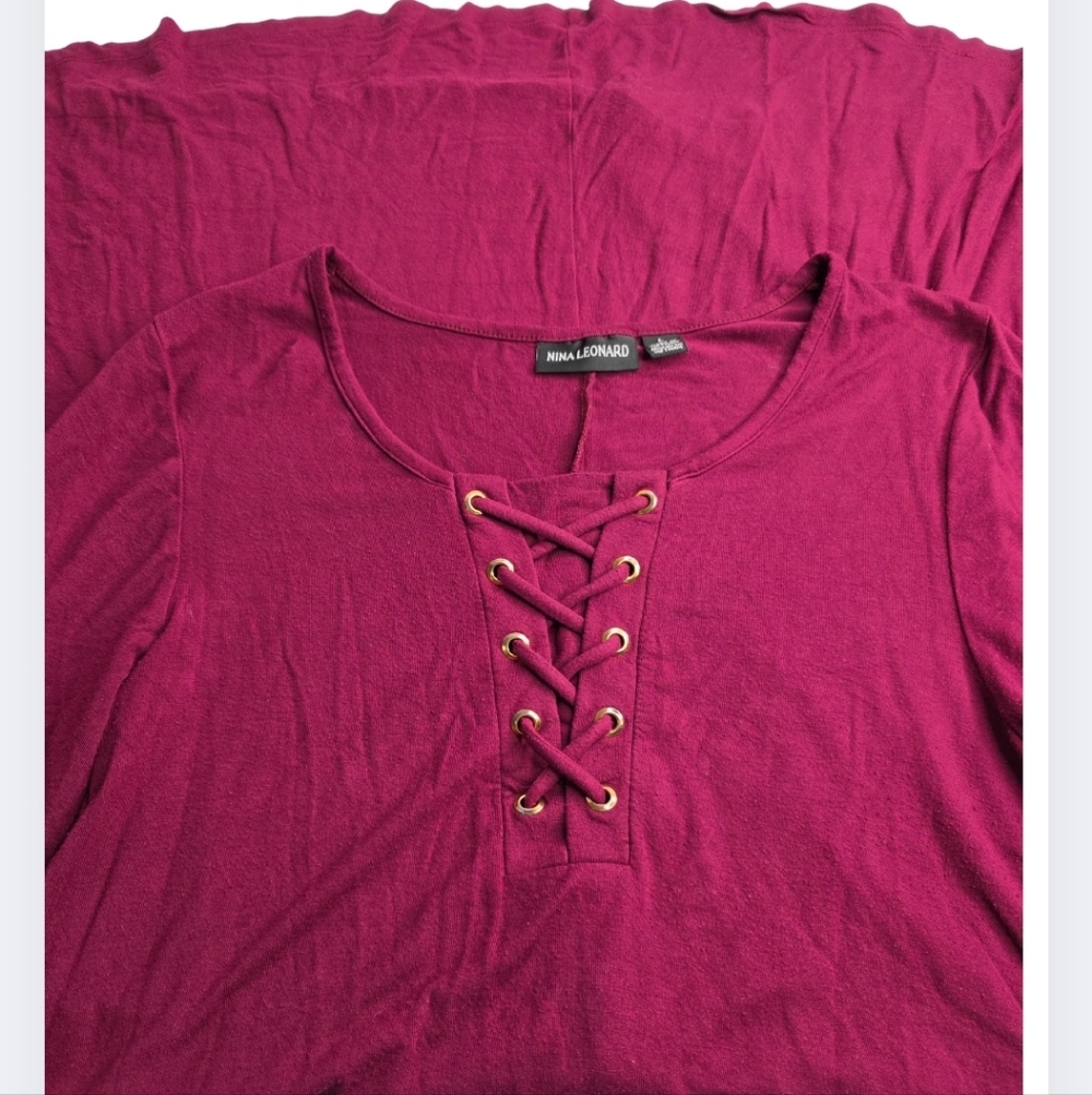 Nina Leonard M Fuchsia Lace-Up Long Sleeve Dress Stretchy Soft Pretty Cg-2316